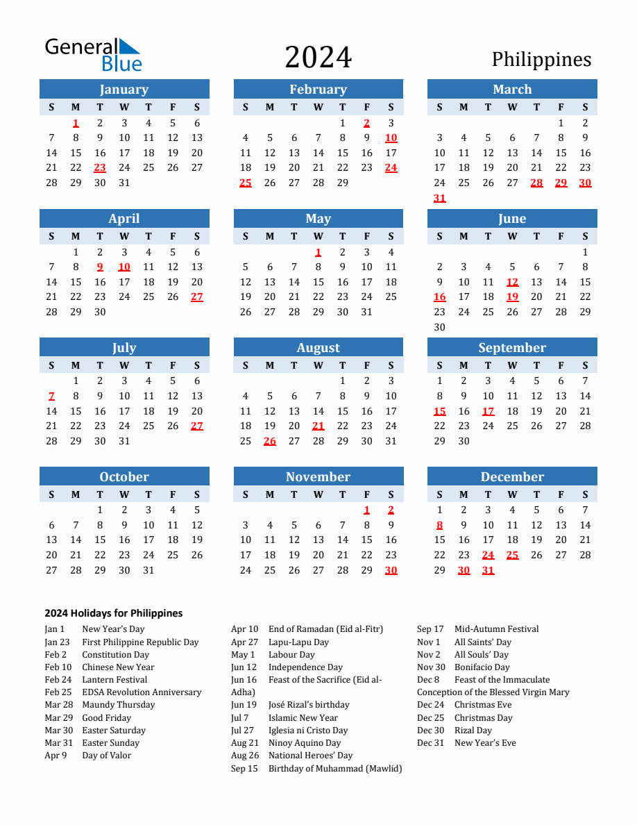 2024 Printable Calendar with Philippines Holidays