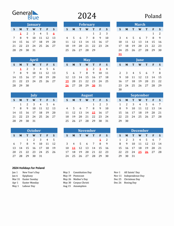 Printable Calendar 2024 with Poland Holidays (Sunday Start)