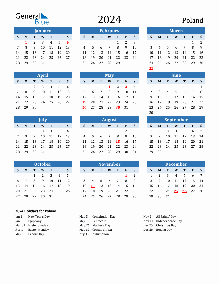 2024 Printable Calendar with Poland Holidays