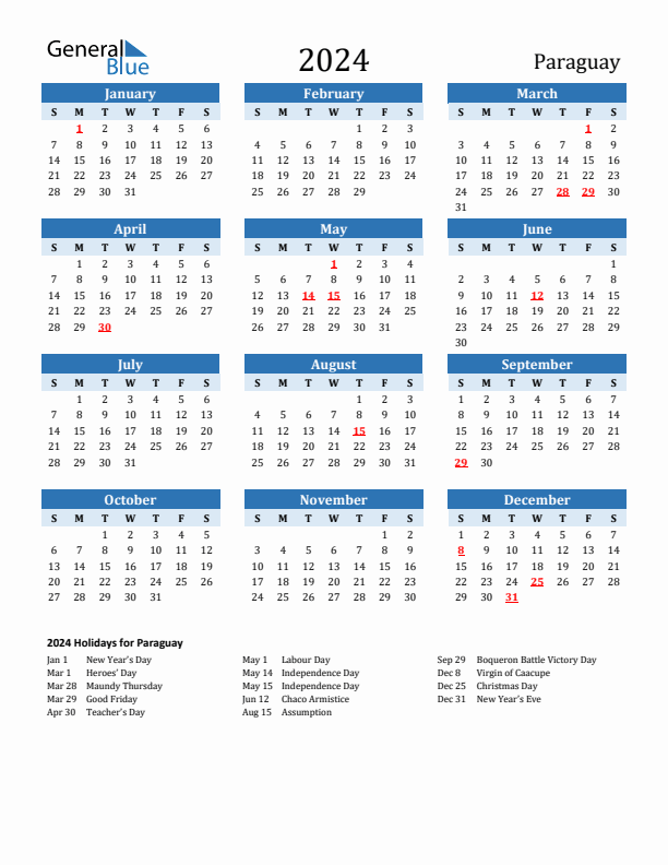 Printable Calendar 2024 with Paraguay Holidays (Sunday Start)
