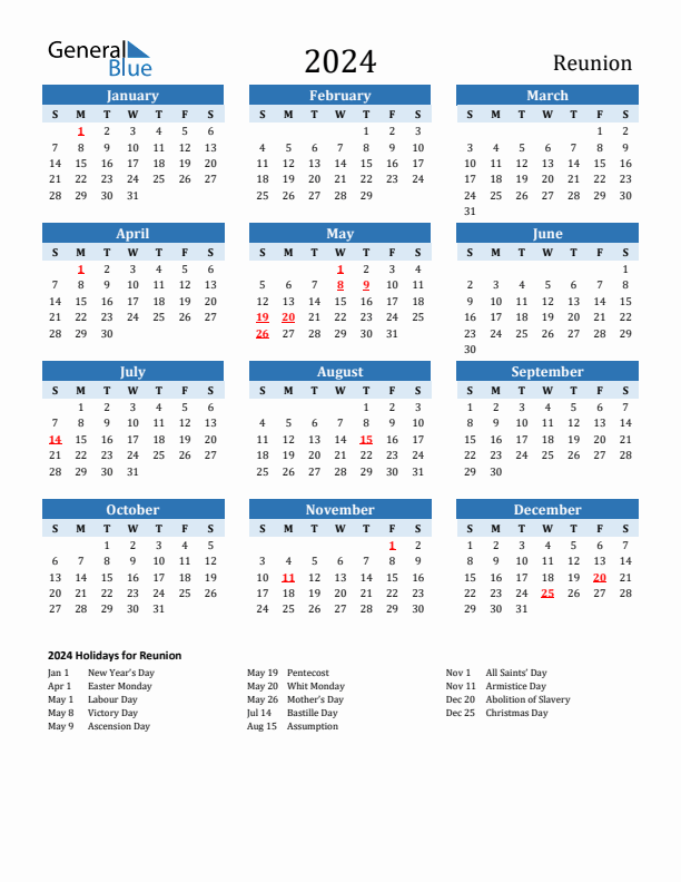 Printable Calendar 2024 with Reunion Holidays (Sunday Start)