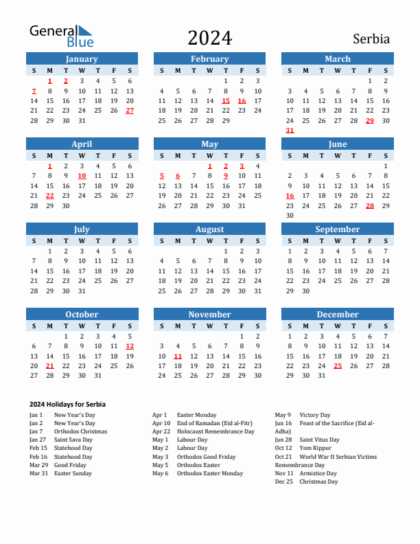 Printable Calendar 2024 with Serbia Holidays (Sunday Start)