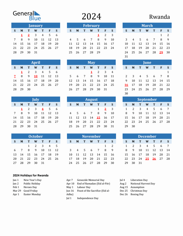 Printable Calendar 2024 with Rwanda Holidays (Sunday Start)
