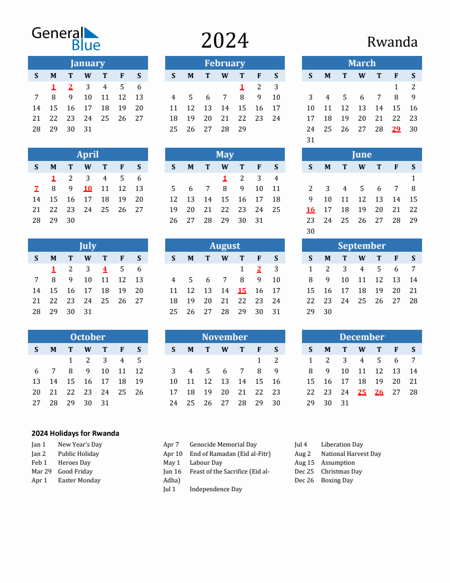 2024 Printable Calendar with Rwanda Holidays