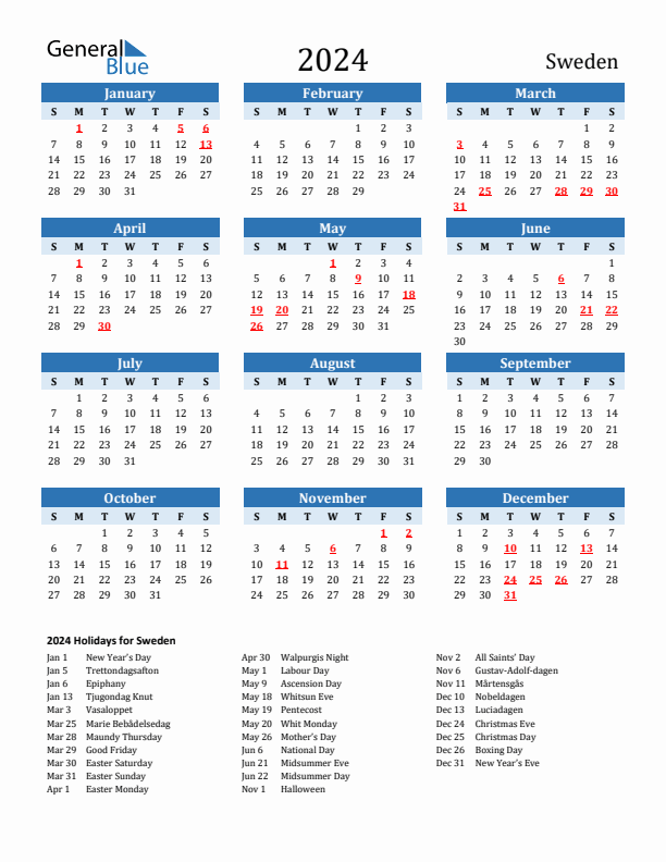 Printable Calendar 2024 with Sweden Holidays (Sunday Start)