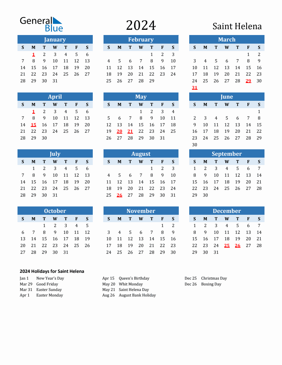 2024 Printable Calendar with Saint Helena Holidays