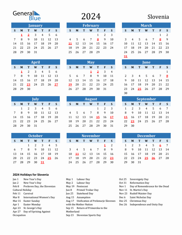 2024 Printable Calendar with Slovenia Holidays