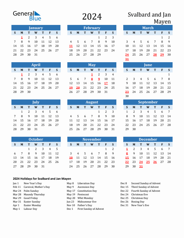 Printable Calendar 2024 with Svalbard and Jan Mayen Holidays (Sunday Start)