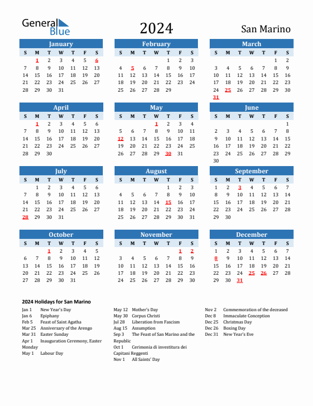 Printable Calendar 2024 with San Marino Holidays (Sunday Start)