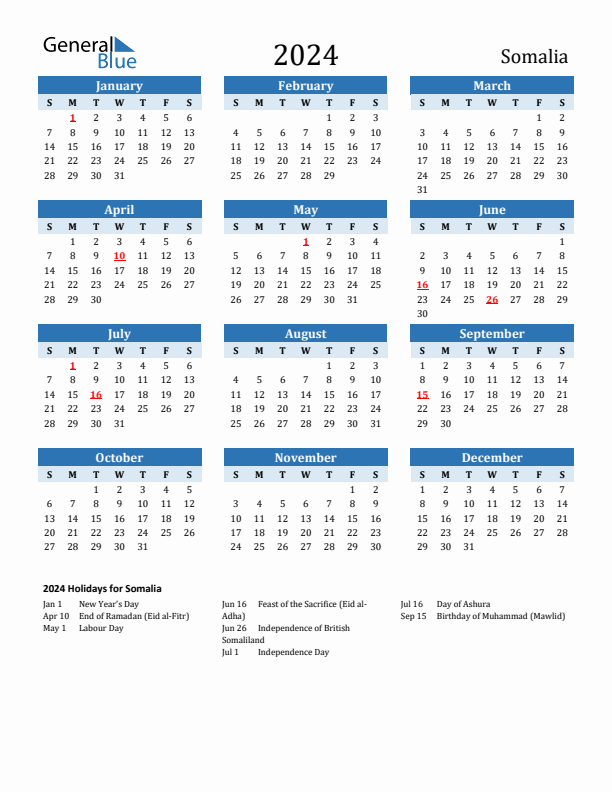 Printable Calendar 2024 with Somalia Holidays (Sunday Start)