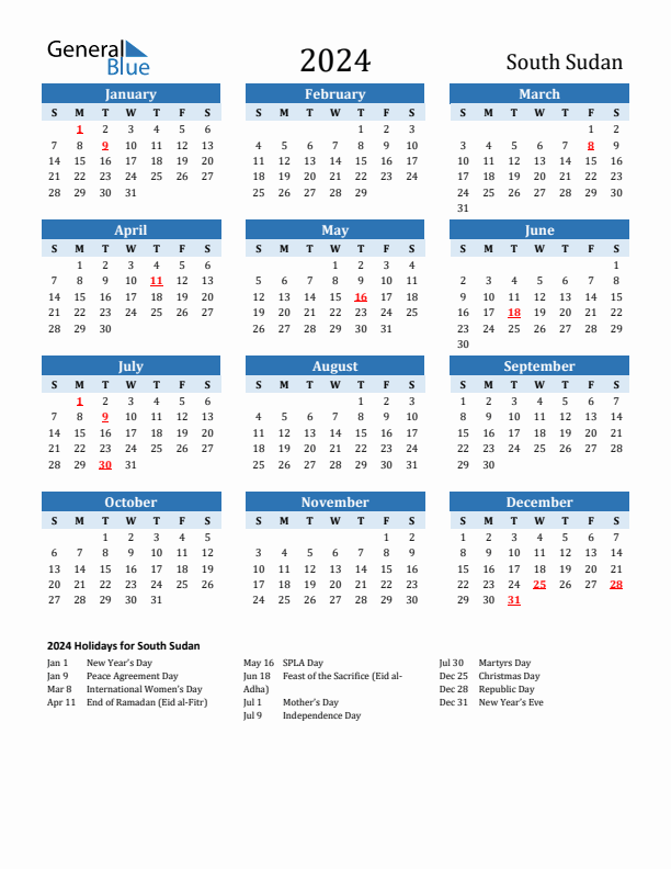Printable Calendar 2024 with South Sudan Holidays (Sunday Start)
