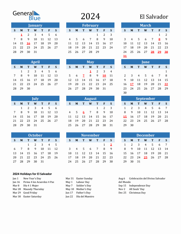 Printable Calendar 2024 with El Salvador Holidays (Sunday Start)