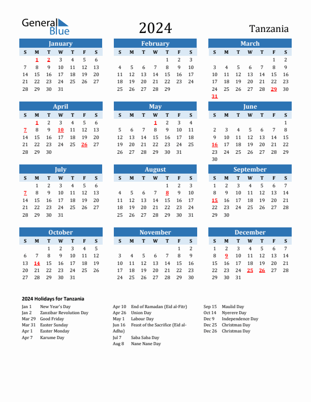 Printable Calendar 2024 with Tanzania Holidays (Sunday Start)