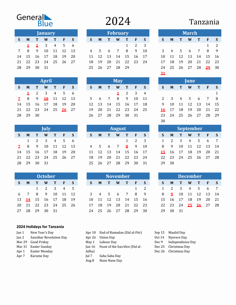 2024 Printable Calendar with Tanzania Holidays