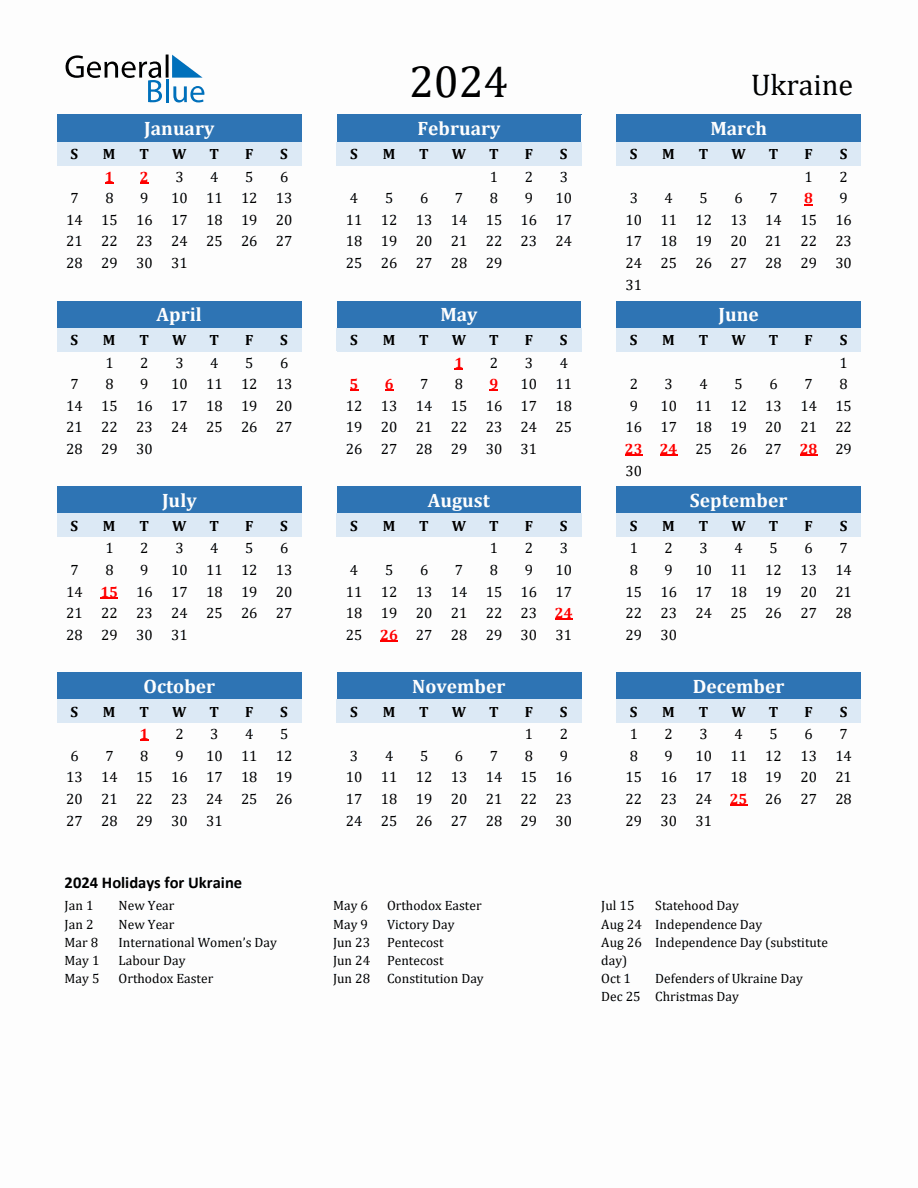 2024 Printable Calendar with Ukraine Holidays