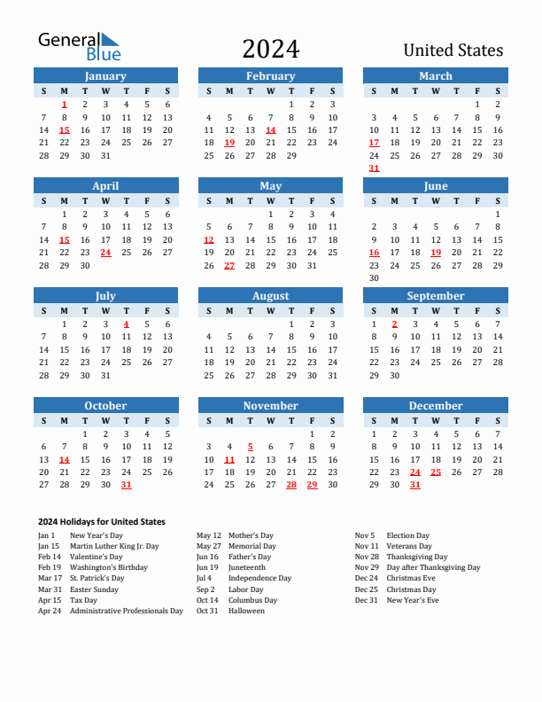 Printable Calendar 2024 with United States Holidays (Sunday Start)