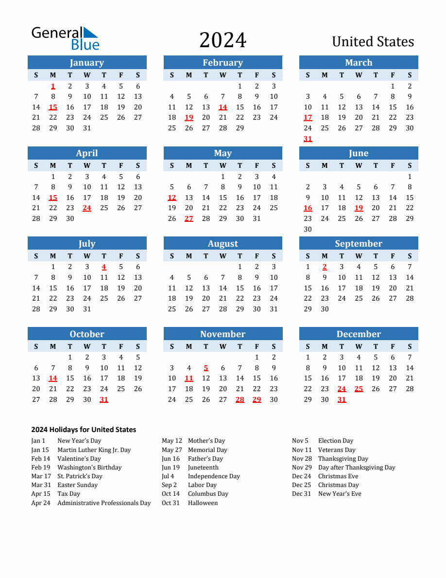 2024 Printable Calendar with United States Holidays