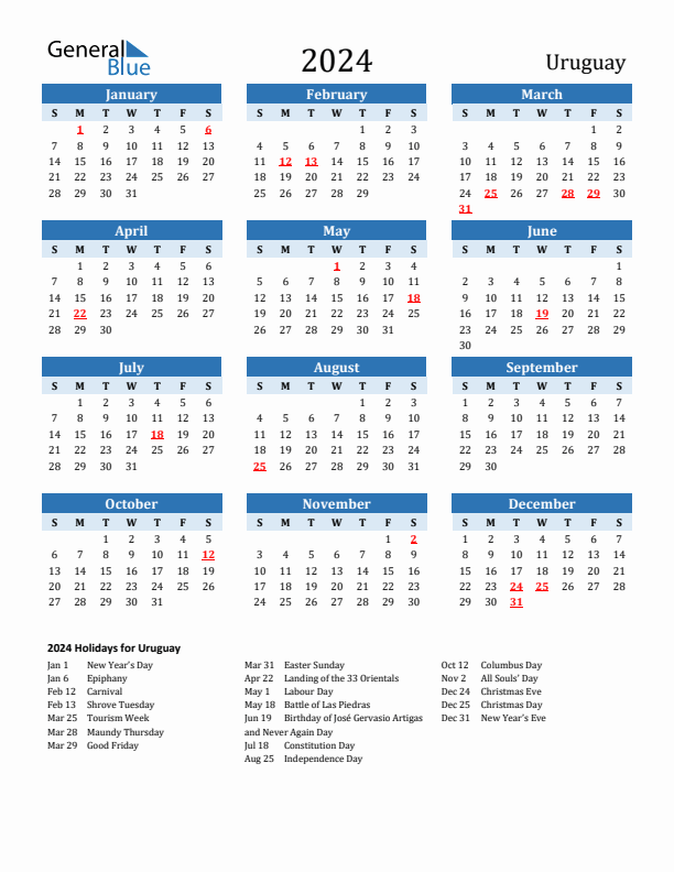 Printable Calendar 2024 with Uruguay Holidays (Sunday Start)