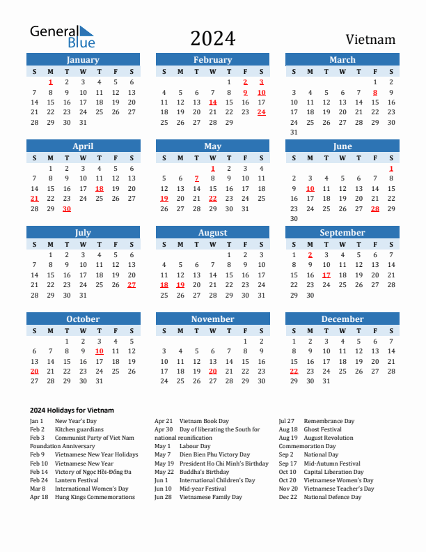 Printable Calendar 2024 with Vietnam Holidays (Sunday Start)