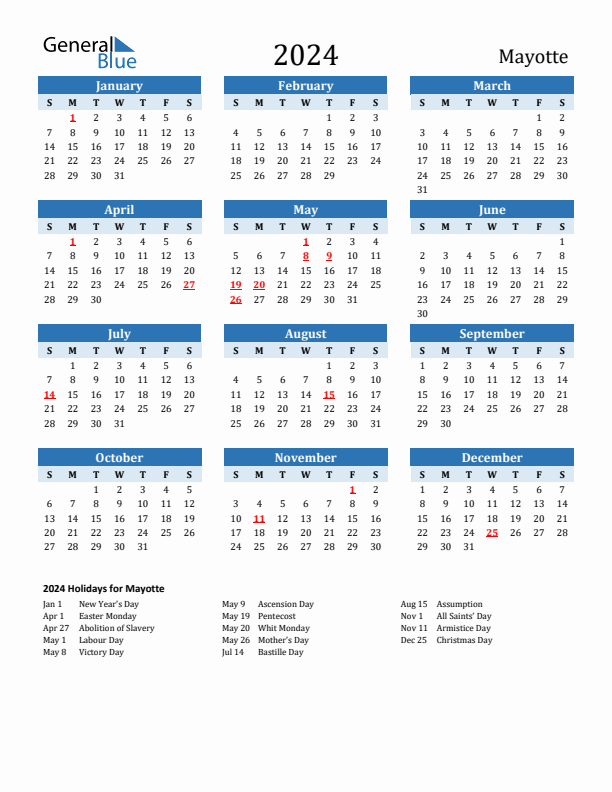 Printable Calendar 2024 with Mayotte Holidays (Sunday Start)