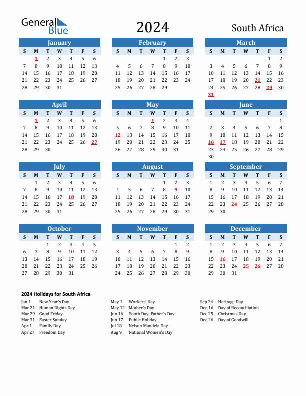 2024 Calendar Two Tone Blue With Holidays Portrait Sunday Start En Za 612x792 