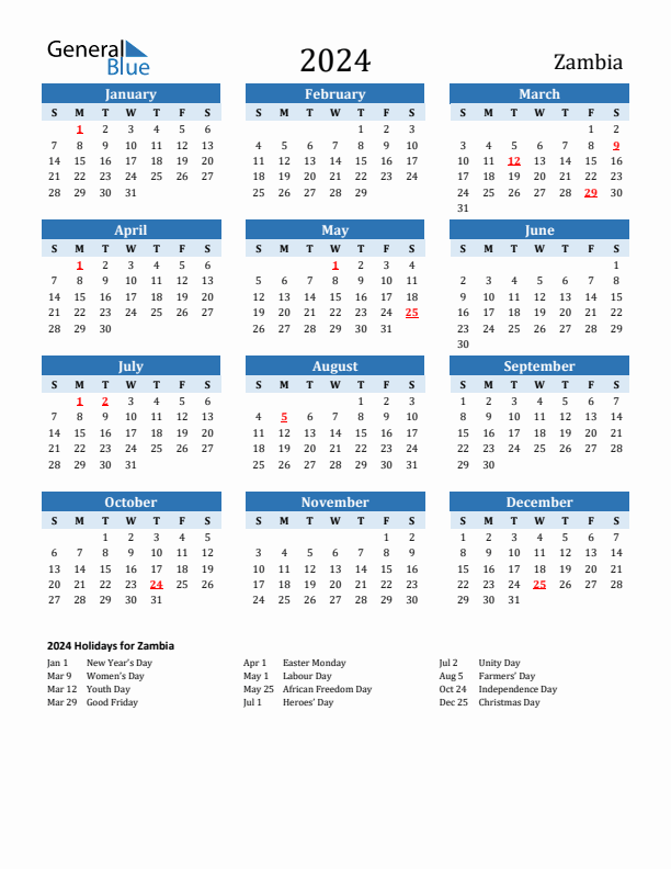 Printable Calendar 2024 with Zambia Holidays (Sunday Start)