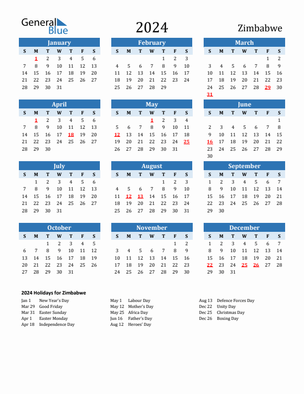 Printable Calendar 2024 with Zimbabwe Holidays (Sunday Start)