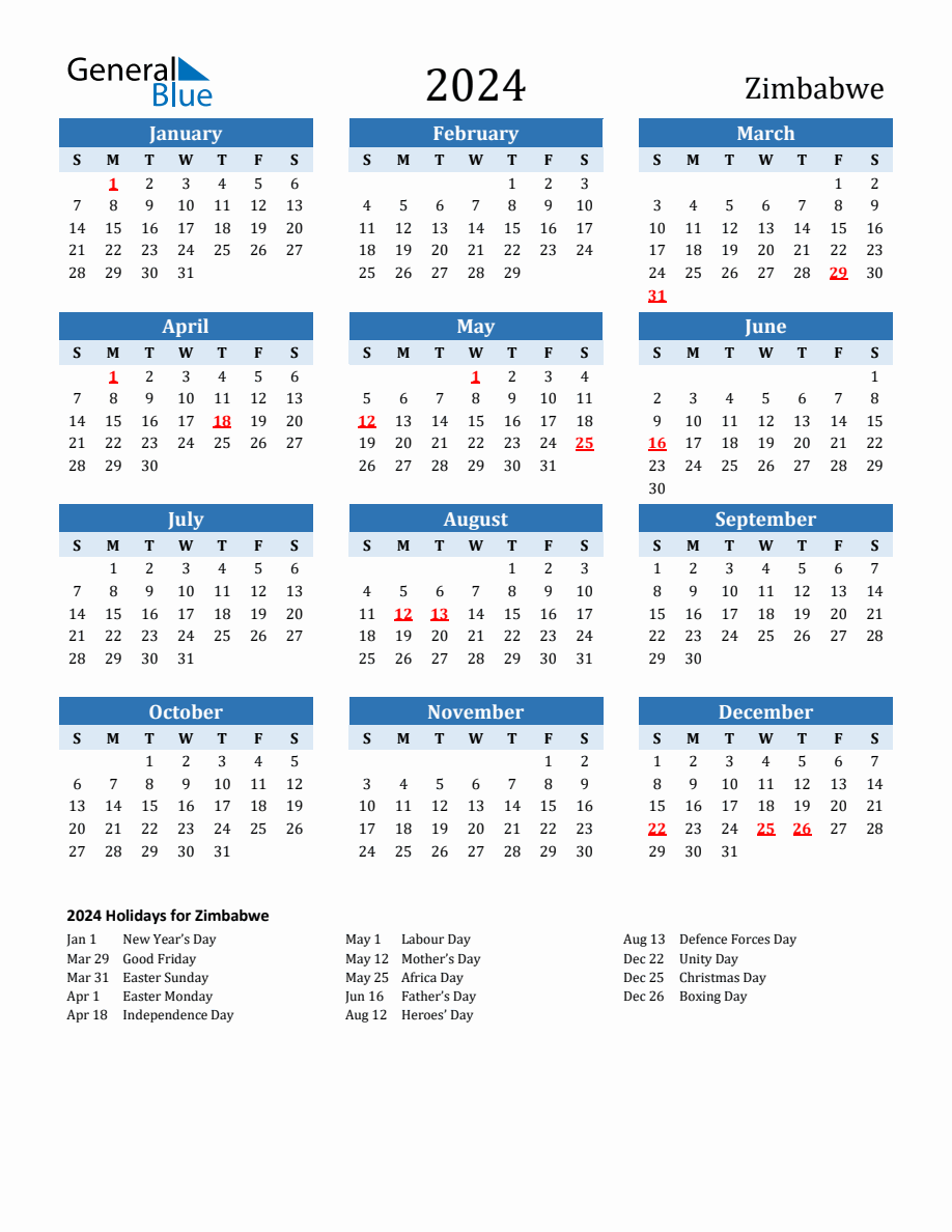 2024 Printable Calendar with Zimbabwe Holidays