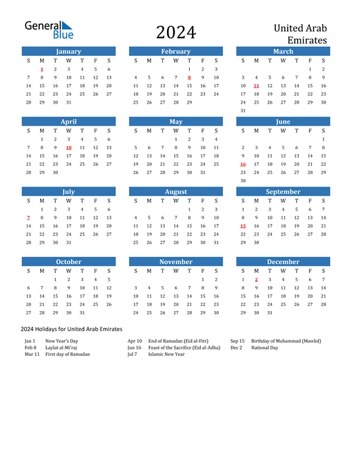 2024 Calendar with United Arab Emirates Holidays
