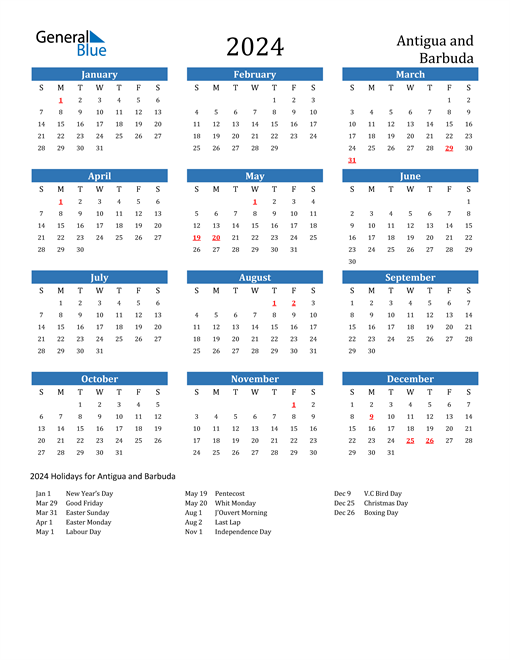 2024 Calendar with Antigua and Barbuda Holidays