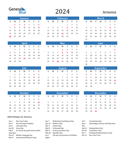 2024 Armenia Calendar with Holidays