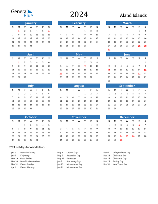Aland Islands 2024 Calendar with Holidays