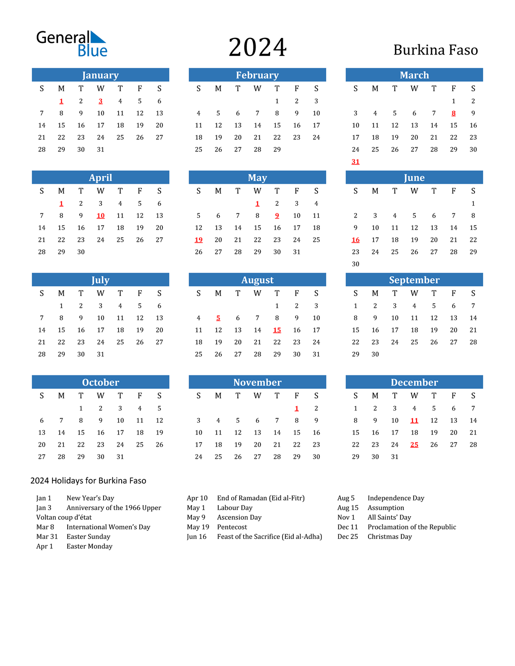 2024 Burkina Faso Calendar with Holidays