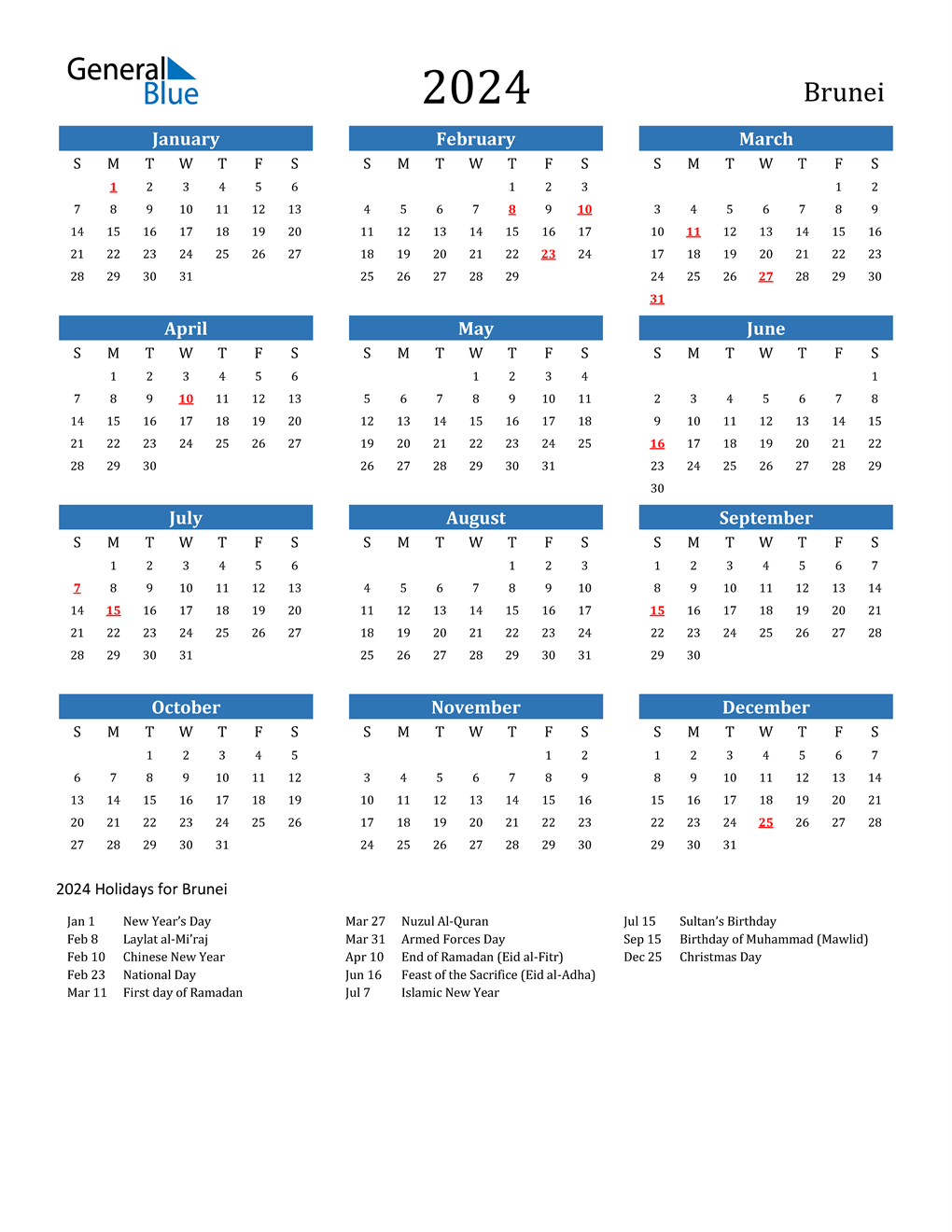 2024 Brunei Calendar with Holidays