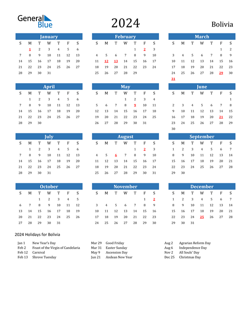 2024 Calendar with Bolivia Holidays