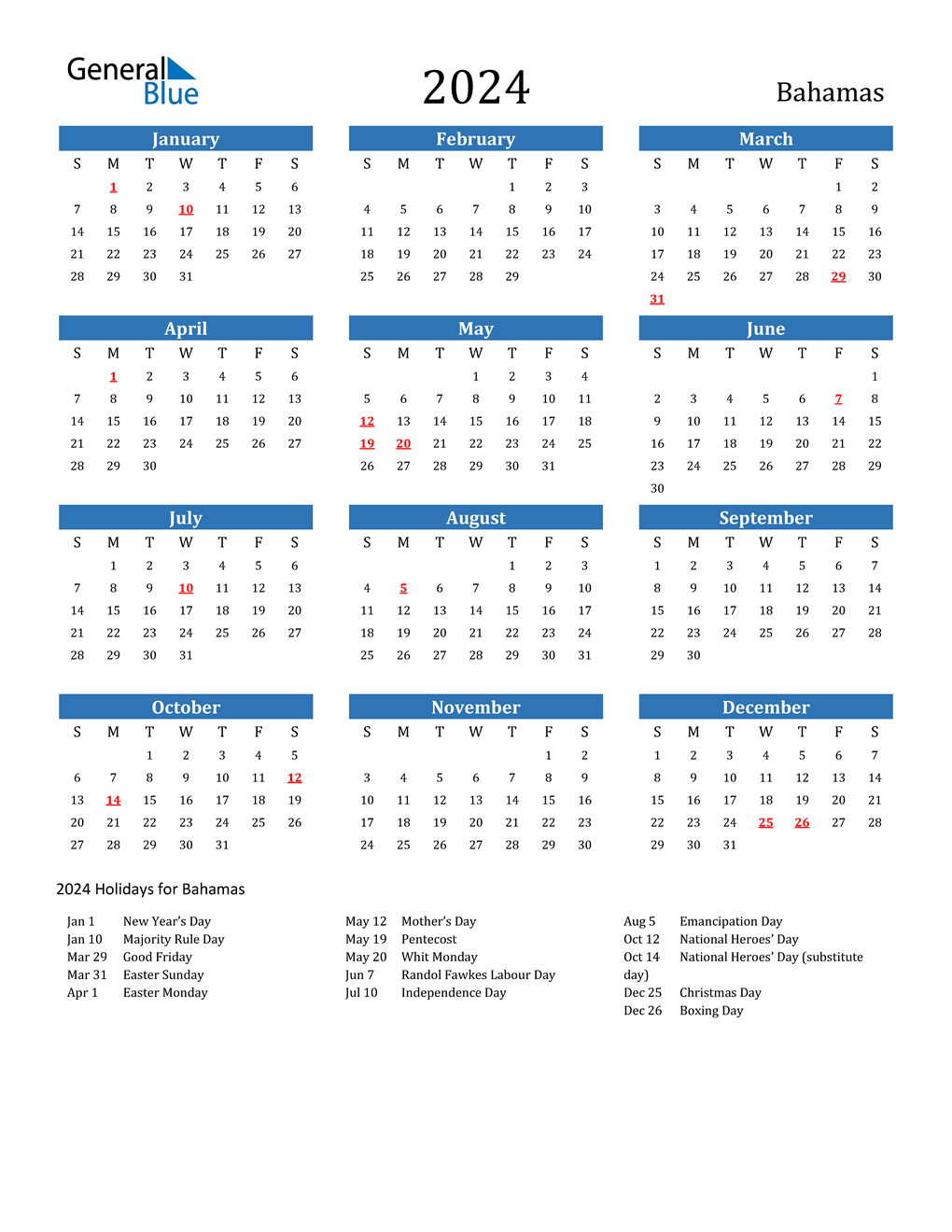 2024 Bahamas Calendar with Holidays