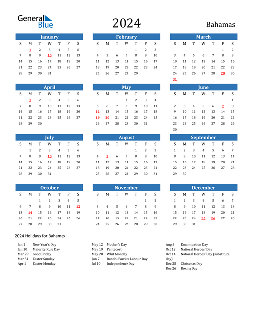 2024 Calendar with Bahamas Holidays