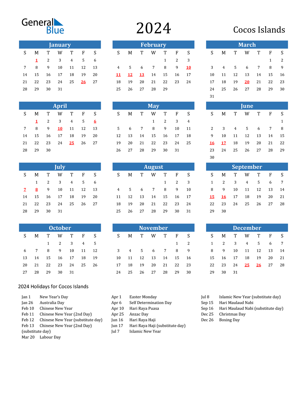 2024 Cocos Islands Calendar with Holidays