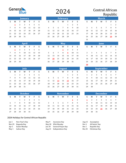 2024 Calendar with Central African Republic Holidays