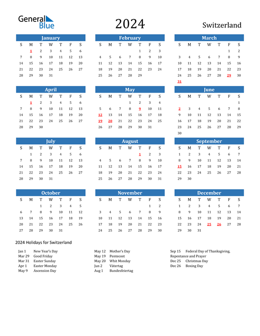 Switzerland Calendars with Holidays
