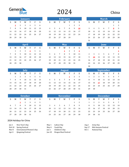 China Calendars with Holidays