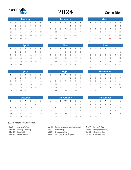 2024 Calendar with Costa Rica Holidays