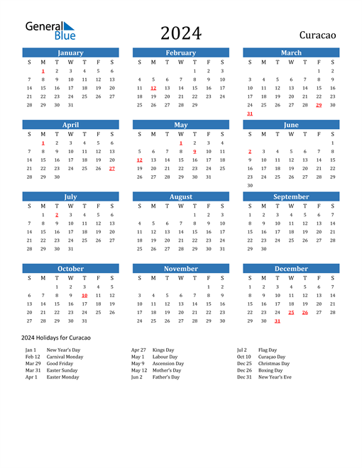 Curacao 2024 Calendar with Holidays