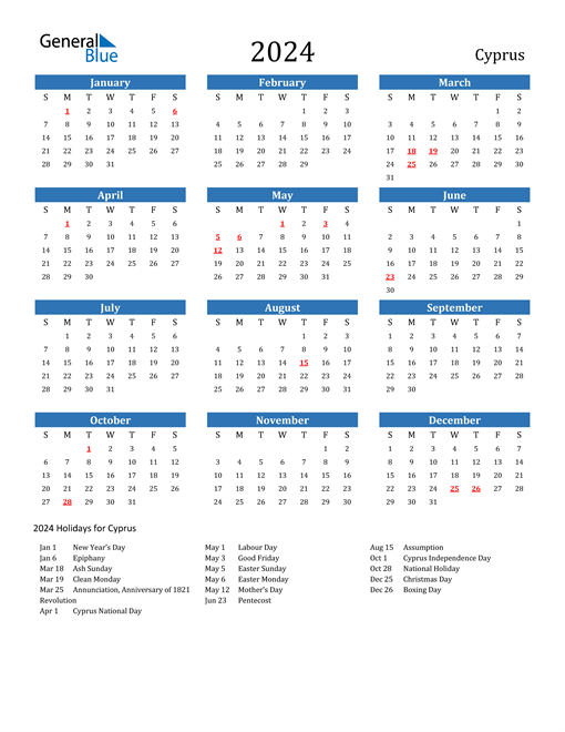 2024 Calendar with Cyprus Holidays