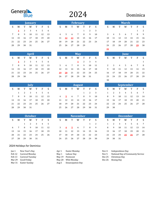 2024 Calendar with Dominica Holidays