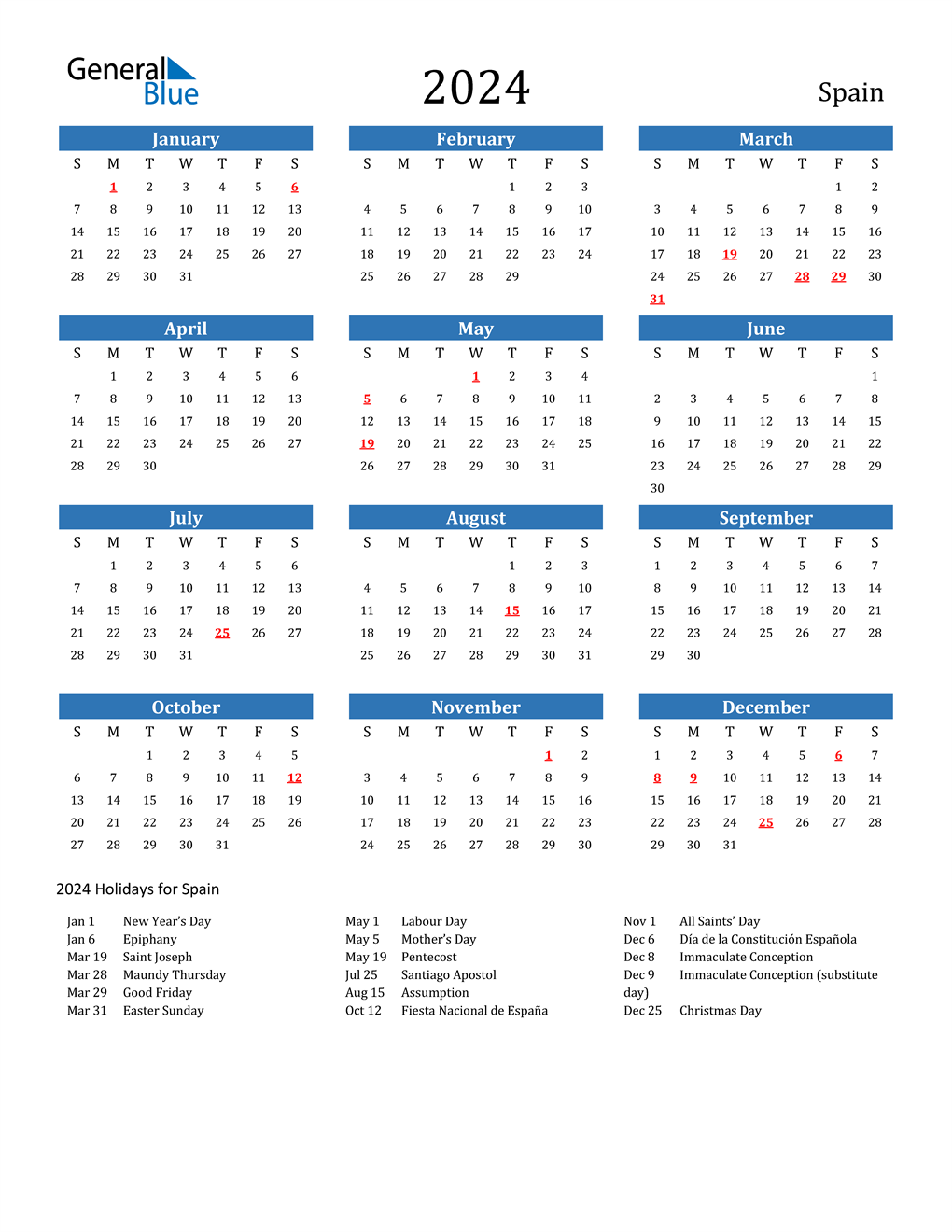 2024 Spain Calendar with Holidays