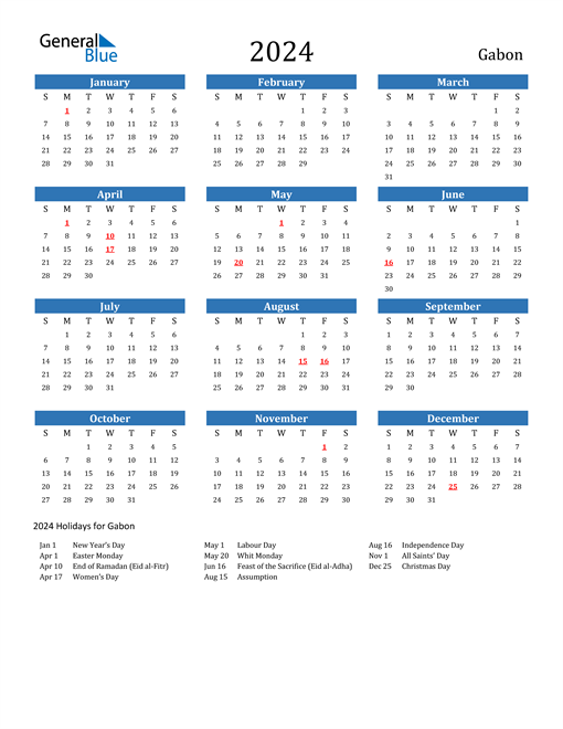 Gabon 2024 Calendar with Holidays