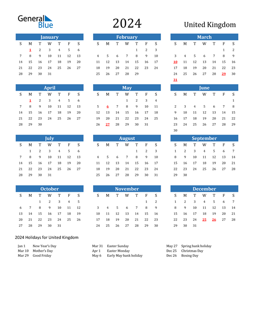 United Kingdom 2024 Calendar with Holidays