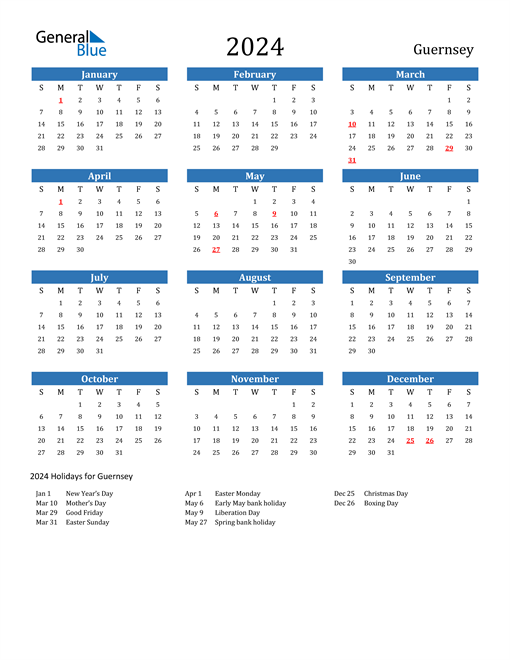 2024 Calendar with Guernsey Holidays