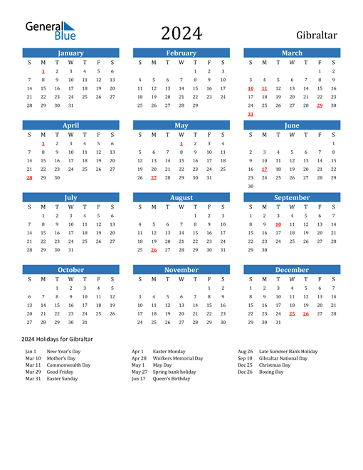 2024 Calendar with Gibraltar Holidays